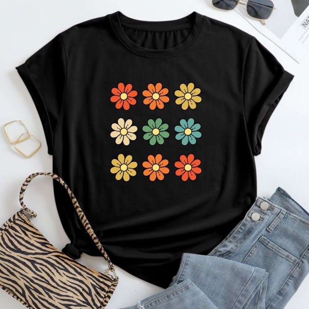 Floral Graphic Black T-Shirt SHEIN Size XL
